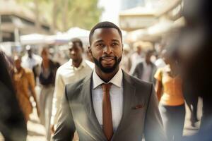 noir homme d'affaire en marchant dans moderne ville, Beau homme des promenades sur une bondé piéton rue, africain directeur entouré par brouiller gens sur occupé rue. photo