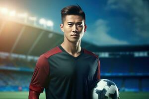 Beau asiatique football joueur, portrait de une Beau asiatique athlète homme, sport homme footballeur. photo