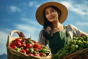 asiatique femelle agriculteur avec panier de Frais légumes, en présentant biologique légumes, en bonne santé nourriture photo