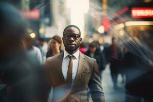 noir homme d'affaire en marchant dans moderne ville, Beau homme des promenades sur une bondé piéton rue, africain directeur entouré par brouiller gens sur occupé rue. photo