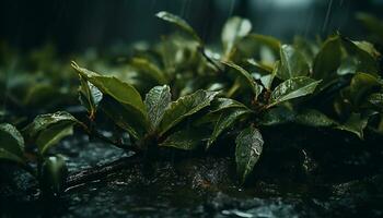 des loisirs de thé feuilles dans une branche en dessous de le pluie. illustration ai photo