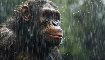 des loisirs de une bipède hominidé à la recherche le pluie chutes dans le jungle. illustration ai photo