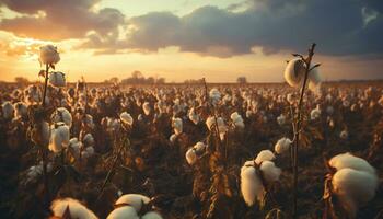 des loisirs artistique de coton plantation avec coton fleurs à le coucher du soleil. illustration ai photo