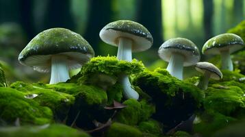 champignons sur une moussu surface généré par ai photo