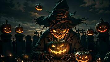 dévoilement le diabolique l'épouvantail tromperie dans le sinistre la nuit cimetière de Halloween ai généré photo