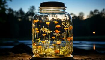 la nature beauté réfléchi dans une verre pot, le coucher du soleil d'or teintes généré par ai photo