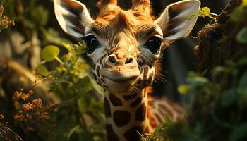 mignonne girafe à la recherche à caméra dans africain région sauvage généré par ai photo