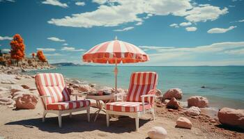 relaxation sur sablonneux plage, bain de soleil en dessous de bleu ciel généré par ai photo