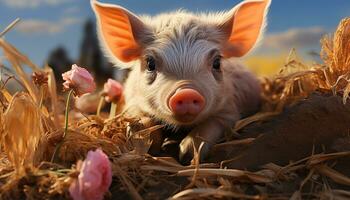 mignonne porcelet pâturage sur prairie, profiter le été lumière du soleil généré par ai photo