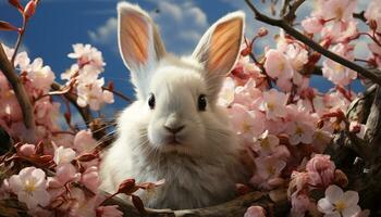 mignonne lapin séance dans herbe, entouré par rose fleurs généré par ai photo