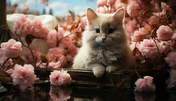 mignonne chaton séance sur tableau, à la recherche à fleur généré par ai photo