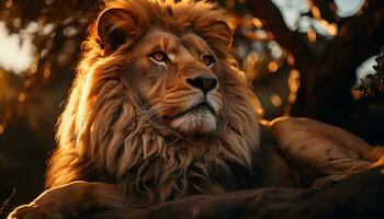 majestueux Lion repos dans le sauvage, regarder à caméra généré par ai photo