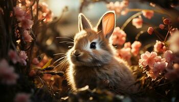 duveteux petit lapin séance en plein air, à la recherche à Jaune fleur généré par ai photo