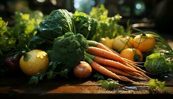 frais, en bonne santé des légumes sur en bois tableau, parfait pour cuisine généré par ai photo