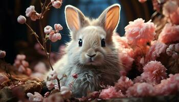 mignonne duveteux lapin séance dans herbe, entouré par fleurs généré par ai photo