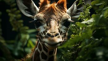 girafe permanent dans herbe, à la recherche à caméra, Afrique beauté généré par ai photo