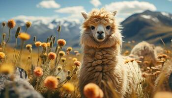 une mignonne alpaga broute sur une ensoleillé Montagne Prairie généré par ai photo