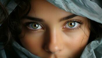 souriant Jeune femme avec bleu yeux, beauté dans proche en haut portrait généré par ai photo