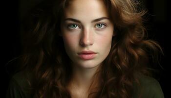 une magnifique Jeune femme avec longue marron cheveux à la recherche à caméra généré par ai photo