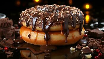 indulgent fait maison dessert foncé Chocolat Donut avec sucré glaçage généré par ai photo