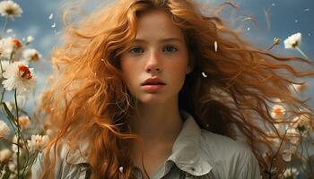 une magnifique Jeune femme avec longue marron cheveux dans la nature généré par ai photo