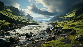 majestueux Montagne culminer, tranquille prairie, écoulement eau, idyllique été paysage généré par ai photo