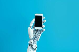 robot humanoïde utilisation mobile téléphone ou tablette dans futur Bureau tandis que en utilisant ai en pensant cerveau , artificiel intelligence et machine apprentissage processus . 4e Quatrième industriel révolution 3d illustration. photo