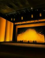 grand écran afficher à affaires événement, nuit dans grand pièce avec illuminé Jaune et Orange lumières illustration photo