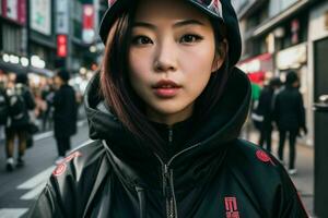 portrait de une femme dans vêtement de rue sur le rue. ai génératif pro photo