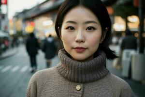 magnifique femme dans une chandail sur le rue. ai génératif pro photo