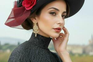 portrait de une à la mode magnifique femme dans traditionnel vêtements portant une chapeau. ai génératif pro photo