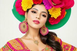 portrait de une à la mode magnifique femme dans traditionnel vêtements portant une chapeau. ai génératif pro photo