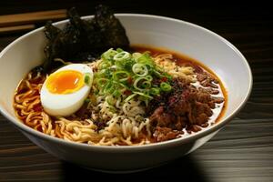 Japonais ramen nouille avec porc et Oeuf sur en bois arrière-plan, embarquer sur une épicé ramen aventure avec une fumant bol de nouilles, vibrant garnitures, et alléchant le Chili huile, ai généré photo