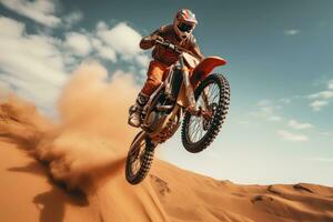 motocross cavalier dans le désert. extrême enduro course, extrême motocross sauter sur le désert le sable arrière photo
