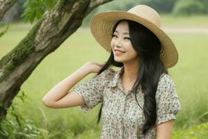 femme sourire et prendre plaisir à la nature. ai génératif pro photo