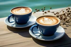 deux tasses de cappuccino, à motifs sur le mousse. aimer, relation, couple photo