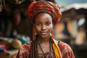 portrait de une Jeune charmant africain femme avec colliers dans une traditionnel tenue avec une foulard sur le Contexte de le rue, génératif ai photo