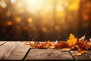 vide en bois table avec Jaune sec feuilles maquette avec flou l'automne forêt Contexte photo