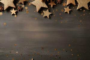 Noël plat allonger image Cadre avec copie espace lumière Contexte avec brillant d'or étoiles photo
