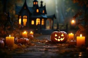 citrouille lanterne et bougies sur le forêt chemin à le effrayant sorcière maison. Halloween Contexte photo