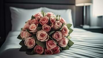 fermer image de une luxueux bouquet de rose des roses mensonges sur une lit dans une Hôtel photo