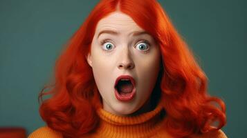 portrait de une rouge aux cheveux Jeune surpris, excité femme proche en haut sur une bleu Contexte photo