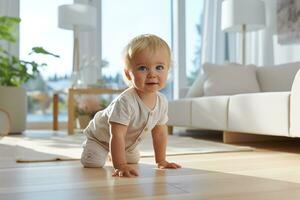 mignonne blond aux yeux bleus bébé dans blanc vêtements rampe sur le sol dans une brillant moderne vivant pièce intérieur, génératif ai photo