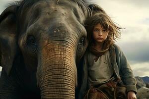 peu triste sans abri adolescent fille dans sale vêtements est assis avec une gris bébé l'éléphant photo