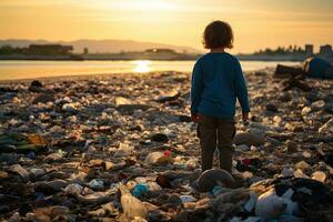 une enfant sur une pollué rive regards à le le coucher du soleil. le concept de le avenir, écologie et la nature la pollution photo