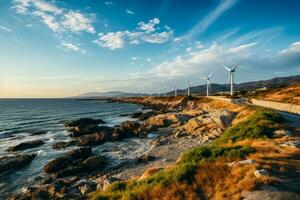 côtier vent turbines filage élégamment dans le brise création renouvelable énergie photo