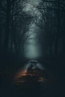effrayant foncé nuit parc ruelle sur une sans lumière brumeux nuit après pluie, effrayant forêt chemin photo