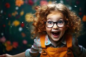 peu charmant frisé fille dans des lunettes regards avec enthousiasme à le caméra photo