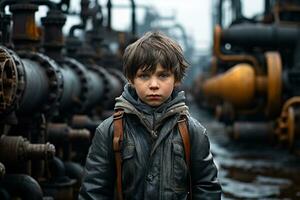 une Jeune triste enfant dans une usé et sale noir veste parmi le tuyaux de un abandonné usine sur une flou Contexte photo