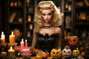 sorcière poupée parmi Halloween citrouille lanternes et brûlant bougies. Halloween vacances concept. photo
